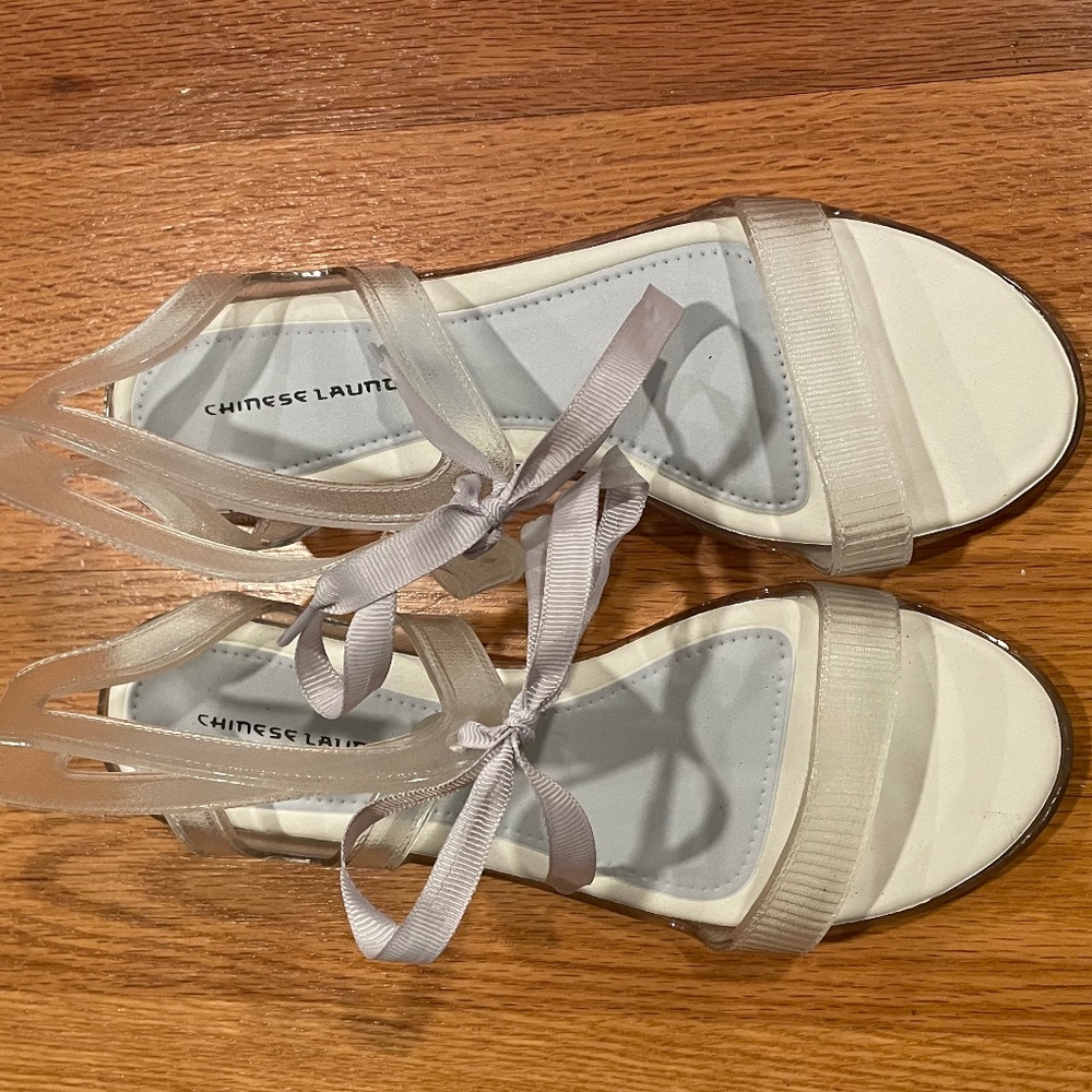 Chinese Laundry Clear Jelly Flat Sandals with Grey Ribbon Tie